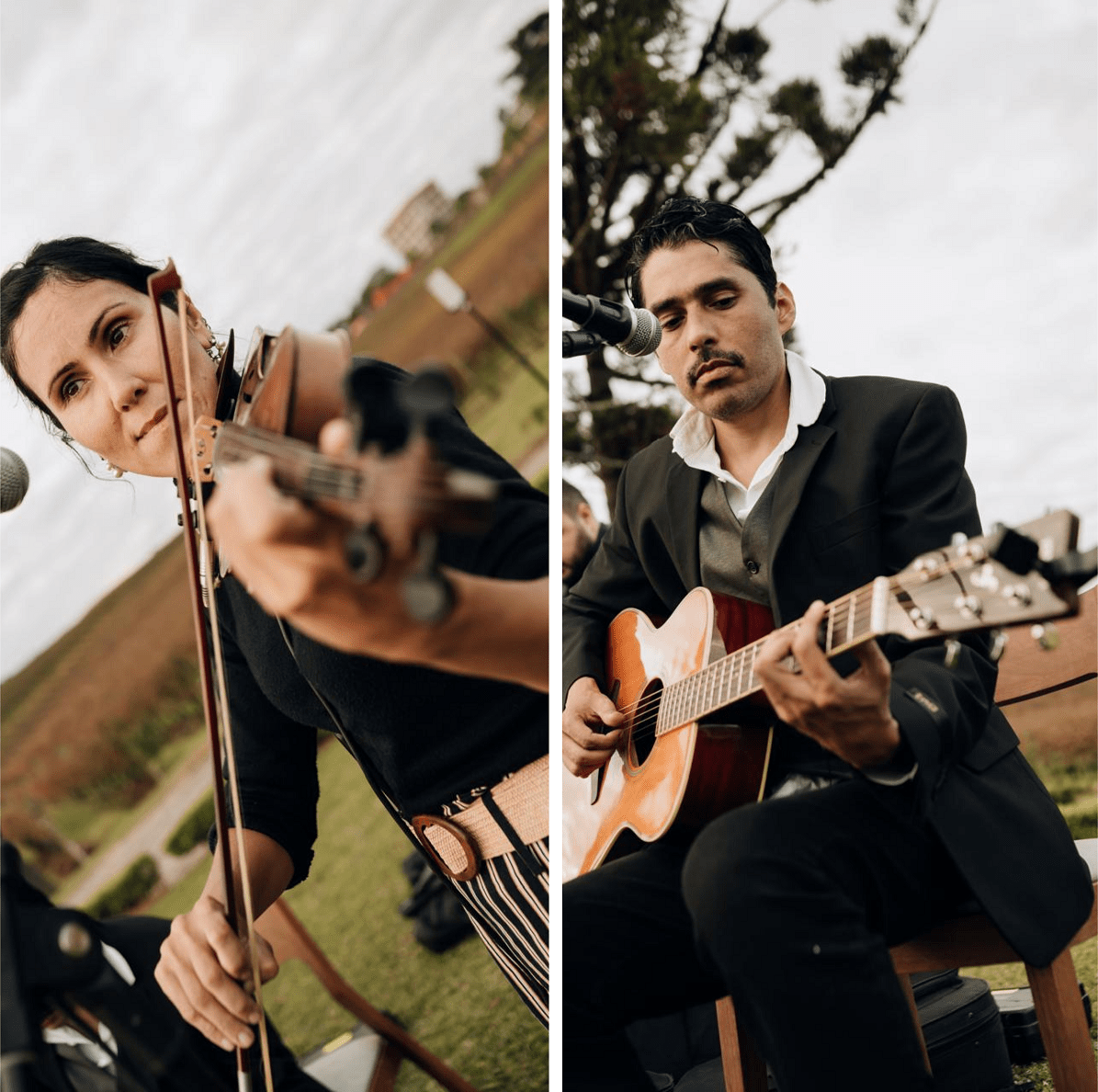 Apresentação musical do TNG Duo em casamento ou cerimonial ao ar livre. À esquerda, close-up de uma violinista concentrada segurando o arco. À direita, um músico de terno escuro toca violão acústico. Ao fundo, paisagem verde desfocada sob céu nublado.