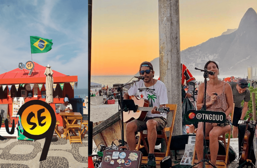 Montagem com duas fotos do Quiosque Quase Nove na orla de Ipanema, Rio de Janeiro. À esquerda, a estrutura vermelha do quiosque na calçada de Copacabana com a bandeira do Brasil no topo. À direita, apresentação de música ao vivo da dupla TNGDUO com voz e violão na praia ao pôr do sol, tendo o Morro Dois Irmãos ao fundo.
